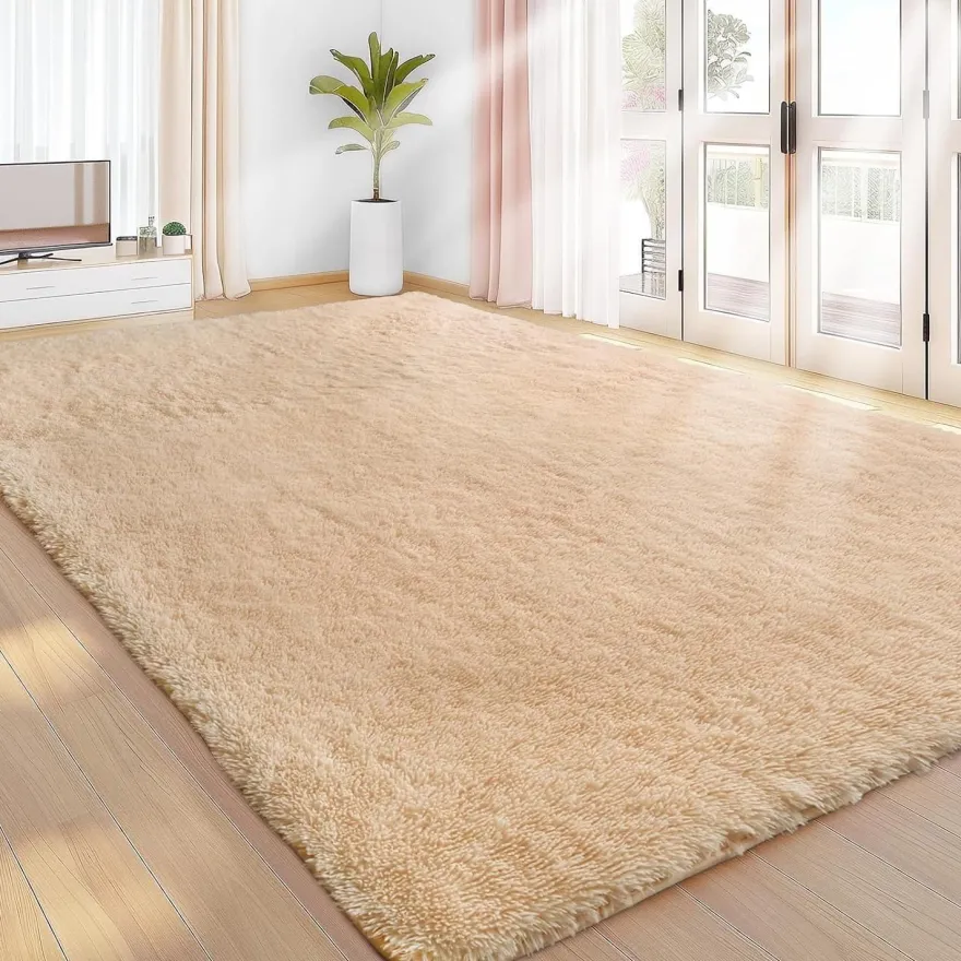 Sour Lemon Hochflor Teppich Beige 200x300 cm - Waschbar, Anti-Rutsch, Flauschig