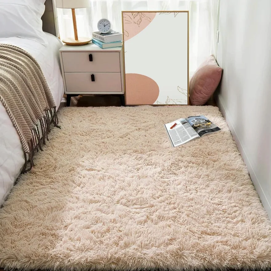 Sour Lemon Hochflor Teppich Beige 200x300 cm - Waschbar, Anti-Rutsch, Flauschig