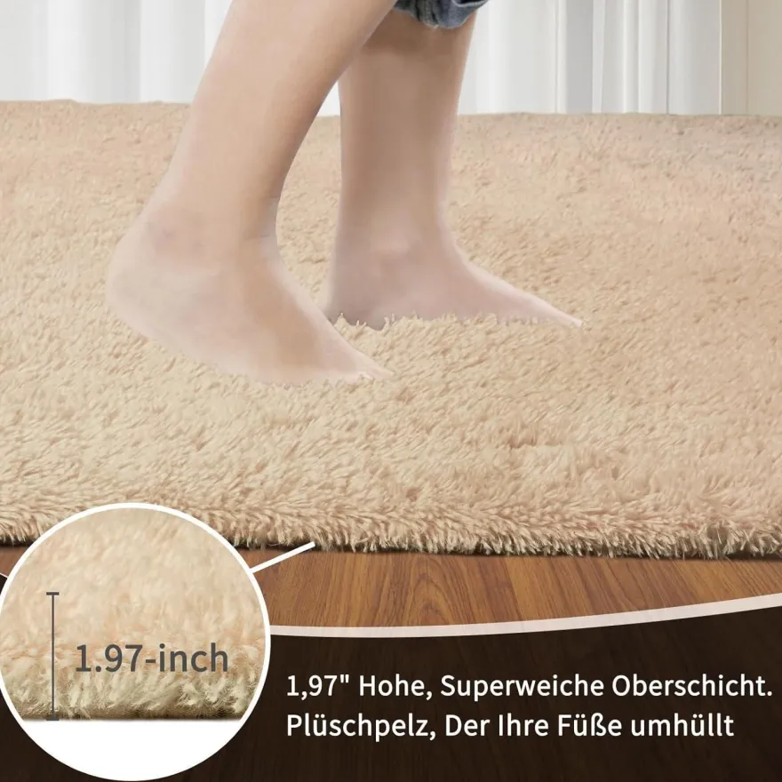 Sour Lemon Hochflor Teppich Beige 200x300 cm - Waschbar, Anti-Rutsch, Flauschig