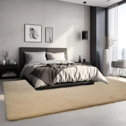 Sour Lemon Hochflor Teppich Beige 200x300 cm - Waschbar, Anti-Rutsch, Flauschig