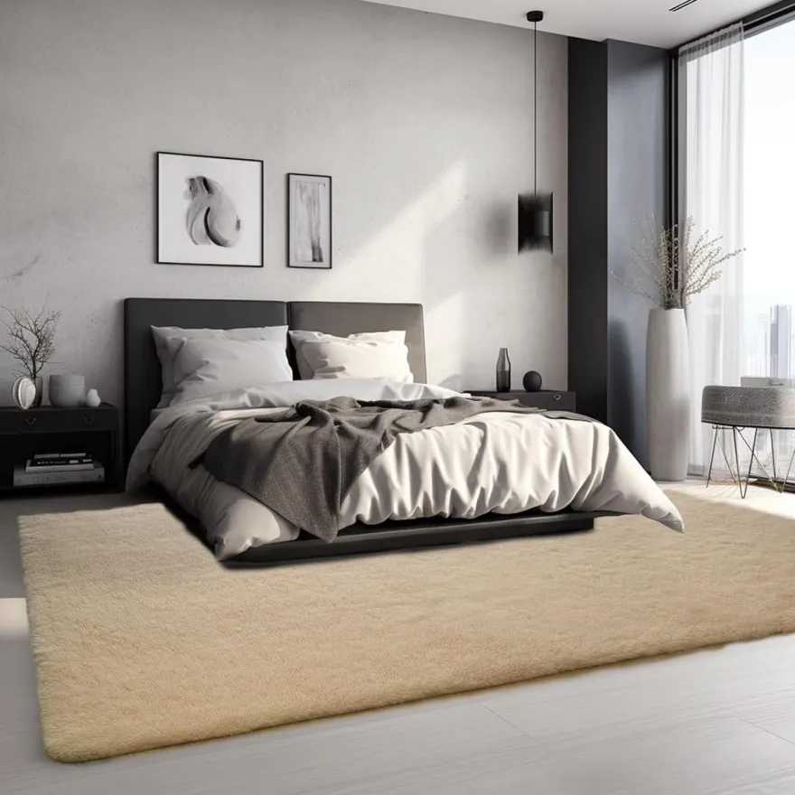 Sour Lemon Hochflor Teppich Beige 200x300 cm - Waschbar, Anti-Rutsch, Flauschig