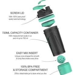 Sportmixer Shaker 720ml mit Sieb Spiralkugel Aufbewahrungsbox Aquagrün