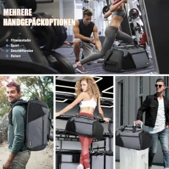 Sporttasche Herren 45L Groß Rucksack Schuhfach Nassfach Wasserdicht Grau