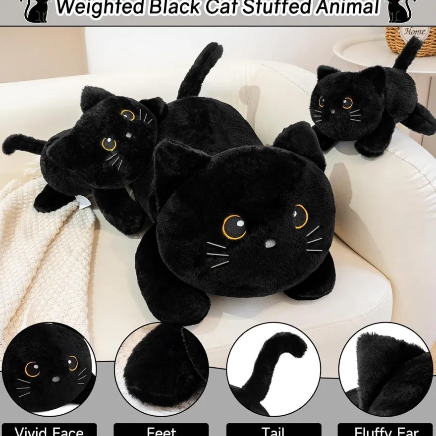 SQEQE Gewichtetes Katze Kuscheltier, Schwarze Katze Plüschtier mit Gewicht