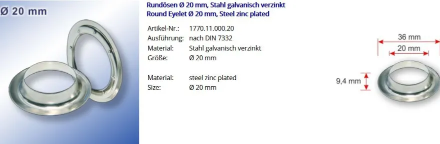 100 Stück Rundösen Ø 20 mm Stahl verzinkt Ösen Planenösen Öse Werbebanner Banner