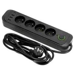 Steckdosenleiste Schwarz 4 Steckdosen 3m Verlängerungskabel mit 4xUSB Schalter Erdung