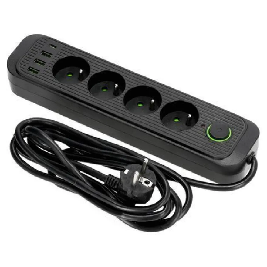 Steckdosenleiste Schwarz 4 Steckdosen 3m Verlängerungskabel mit 4xUSB Schalter Erdung