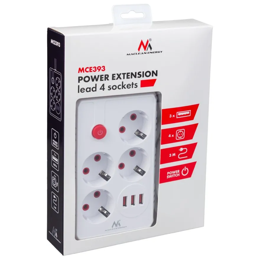 Steckdosenleiste 4 Steckdosen 2500W 3xUSB weiß 3m MCE393 W Maclean
