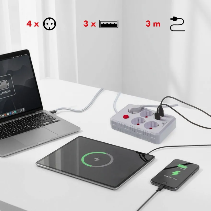 Steckdosenleiste 4 Steckdosen 2500W 3xUSB weiß 3m MCE393 W Maclean