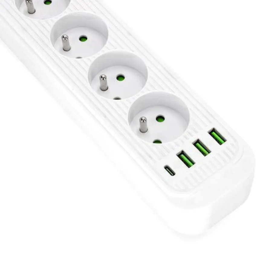 Steckdosenleiste Weiß 4 Steckdosen 3m Verlängerungskabel 4xUSB Schalter und Erdung