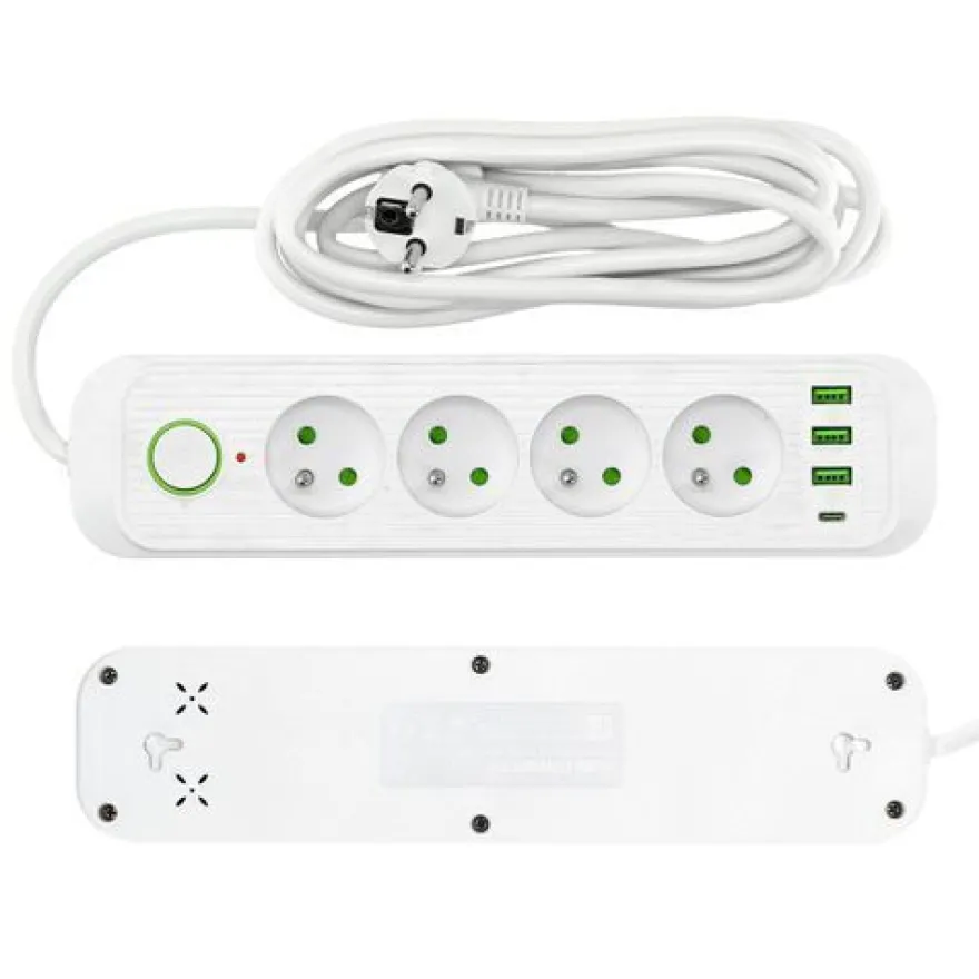 Steckdosenleiste Weiß 4 Steckdosen 3m Verlängerungskabel 4xUSB Schalter und Erdung
