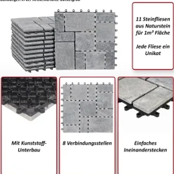 Steinfliese HWC-K70, Bodenfliese Steckfliese Naturstein, 11x je 30x30cm = 1m²