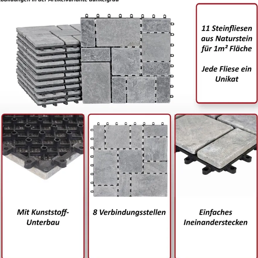 Steinfliese HWC-K70, Bodenfliese Steckfliese Naturstein, 11x je 30x30cm = 1m²