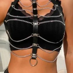 Subblime BDSM Mode Dessous Reizwäsche Brustharness Lederketten Schwarz Einheitsgrösse