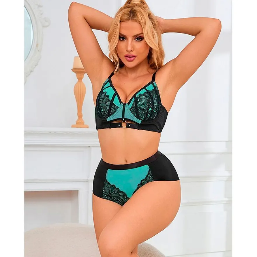 Subblime Push-up-BH-Set aus grüner Spitze und Netzstoff L/XL