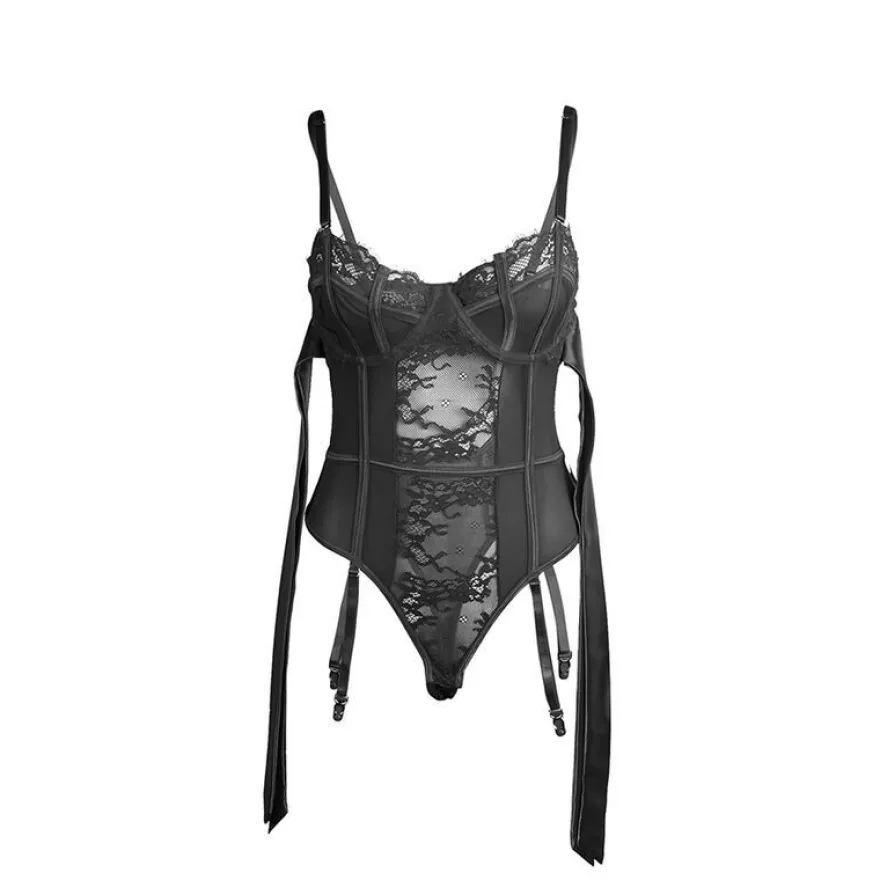 Subblime Spitzen-Bodysuit mit Strumpfhaltern und offenem Schritt S/M Schwarz