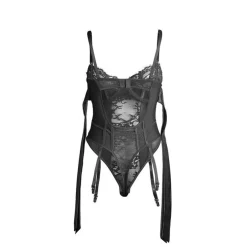 Subblime Spitzen-Bodysuit mit Strumpfhaltern und offenem Schritt S/M Schwarz