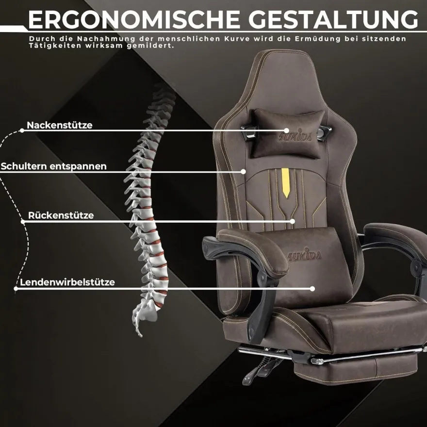 SUKIDA Gaming Chair Computerstuhl Fußstütze Bürostuhl Ergonomisch Braun