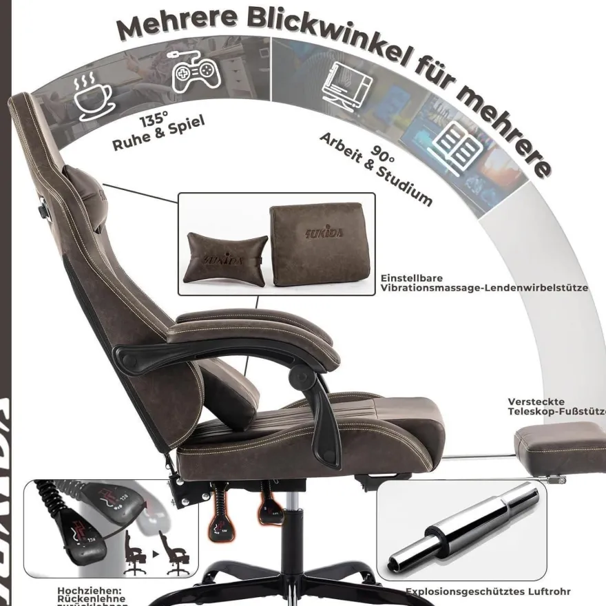 SUKIDA Gaming Chair Computerstuhl Fußstütze Bürostuhl Ergonomisch Braun