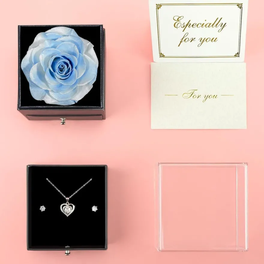 Sunia Ewige Rose Konservierte Blumen mit Herz Halskette Geschenk für Frauen