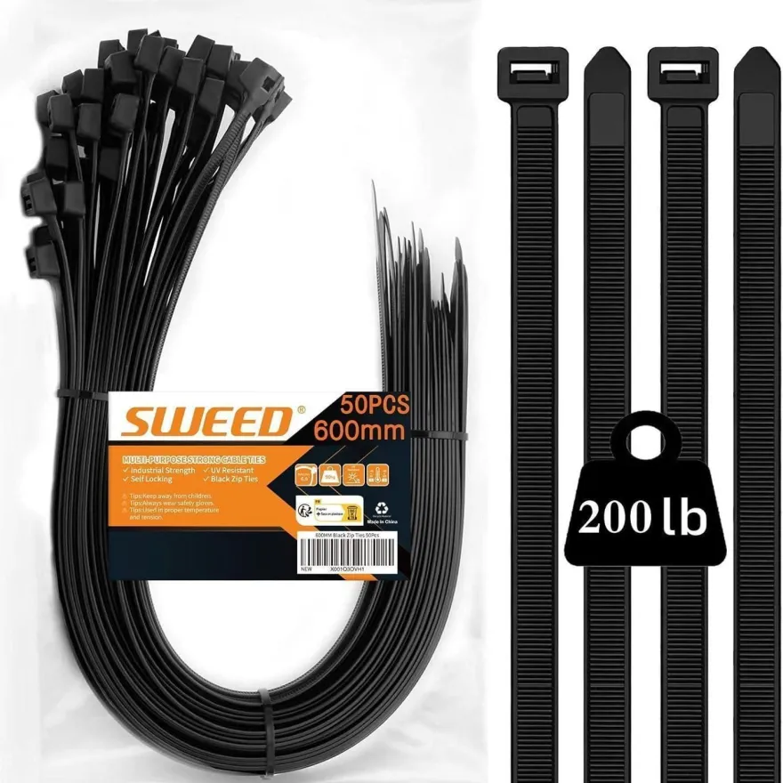 SWEED 50x Kabelbinder Schwarz Lang 600mm, UV Beständig, 90Kg Zugfestigkeit