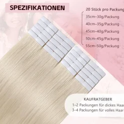 Sweetmet Pro3.0 Unsichtbare Tape Extensions Echthaar Remy #60 Platinblond 30g