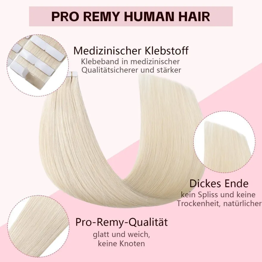 Sweetmet Pro3.0 Unsichtbare Tape Extensions Echthaar Remy #60 Platinblond 30g