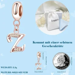 Symretie Damen Rose Gold Buchstabe Charm Anhänger A-Z, kompatibel mit