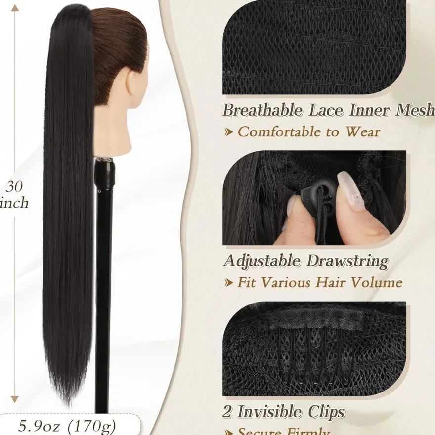 Synthetik Pferdeschwanz Verlängerung 76CM Schwarz Braun Damen Haar Clip