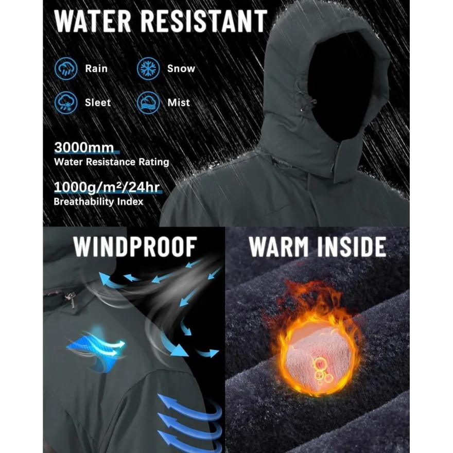 Tacvasen Herren Winterjacke wasserdicht winddicht warm gefüttert mit Kapuze