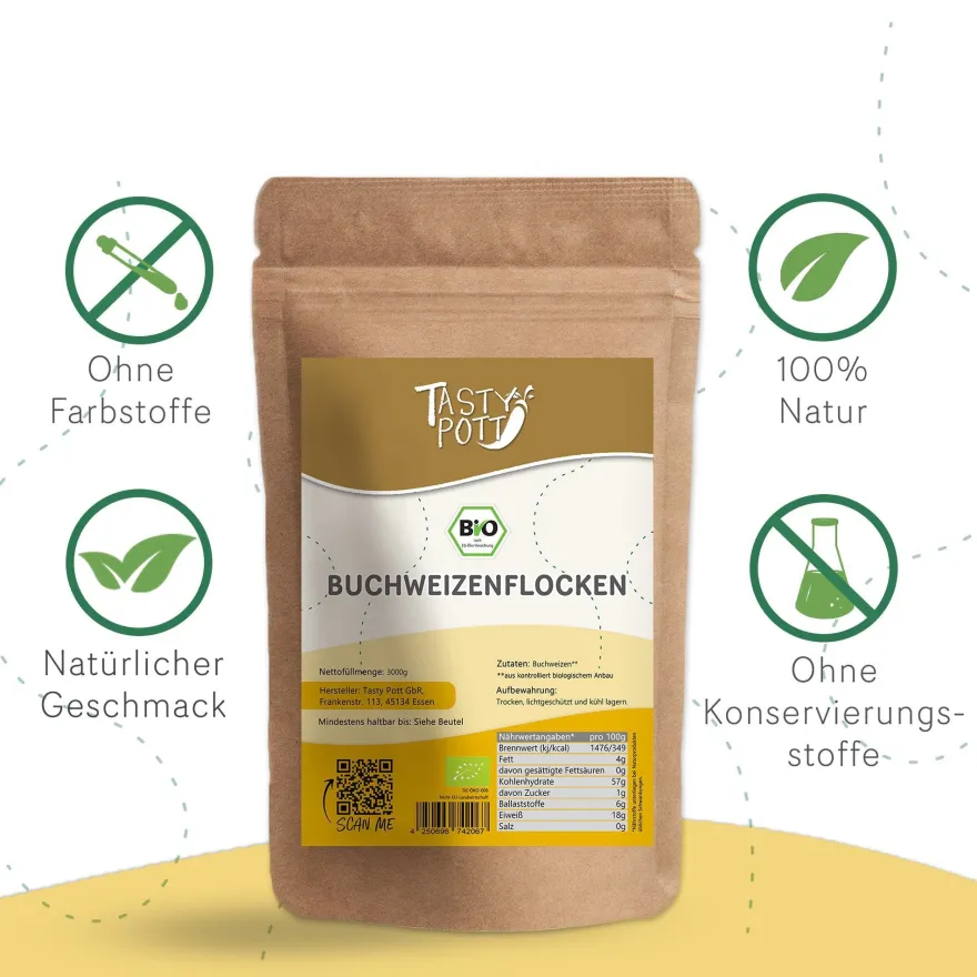 Tasty Pott Bio Buchweizenflocken - 3kg Beutel 2 Beutel