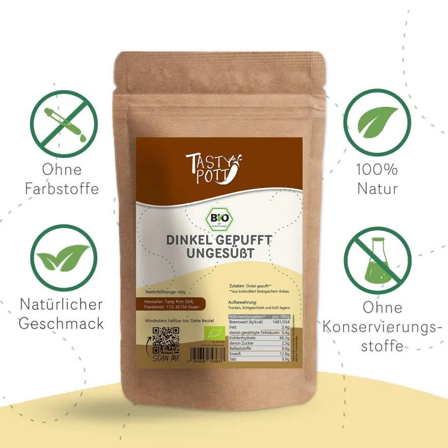 Tasty Pott Bio Dinkel gepufft & ungesüßt - verschiedene Größen im Beutel