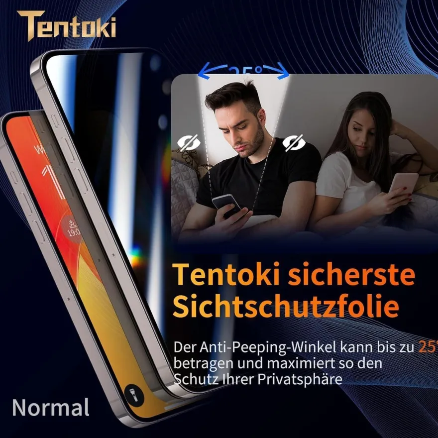 Tentoki Sichtschutz Panzerglas für iPhone 15 Pro (6,1 Zoll) - 2 Stück, 25°
