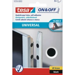 tesa On- und Off-Klettpunkte zum Aufkleben, 8er-Pack (Ø16mm), schwarz, schwarz