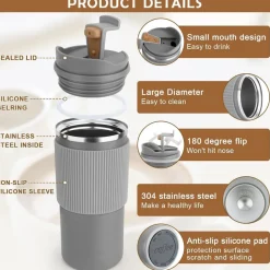 Thermobecher Isolierbecher Kaffeebecher 450ml Reisebecher Deckel Grau