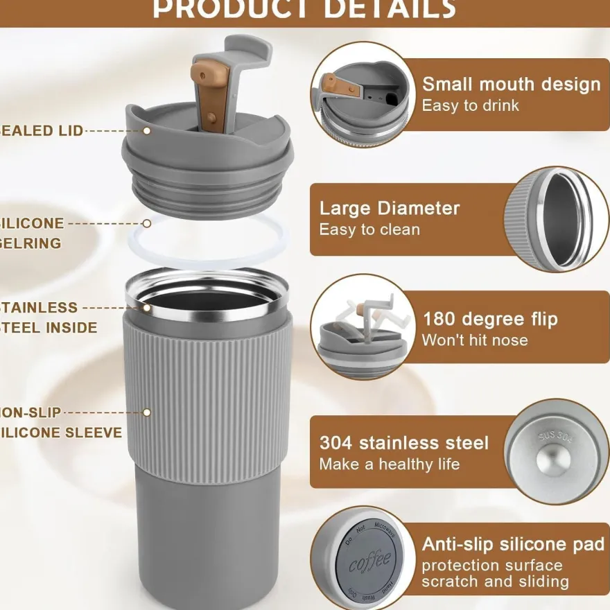 Thermobecher Isolierbecher Kaffeebecher 450ml Reisebecher Deckel Grau