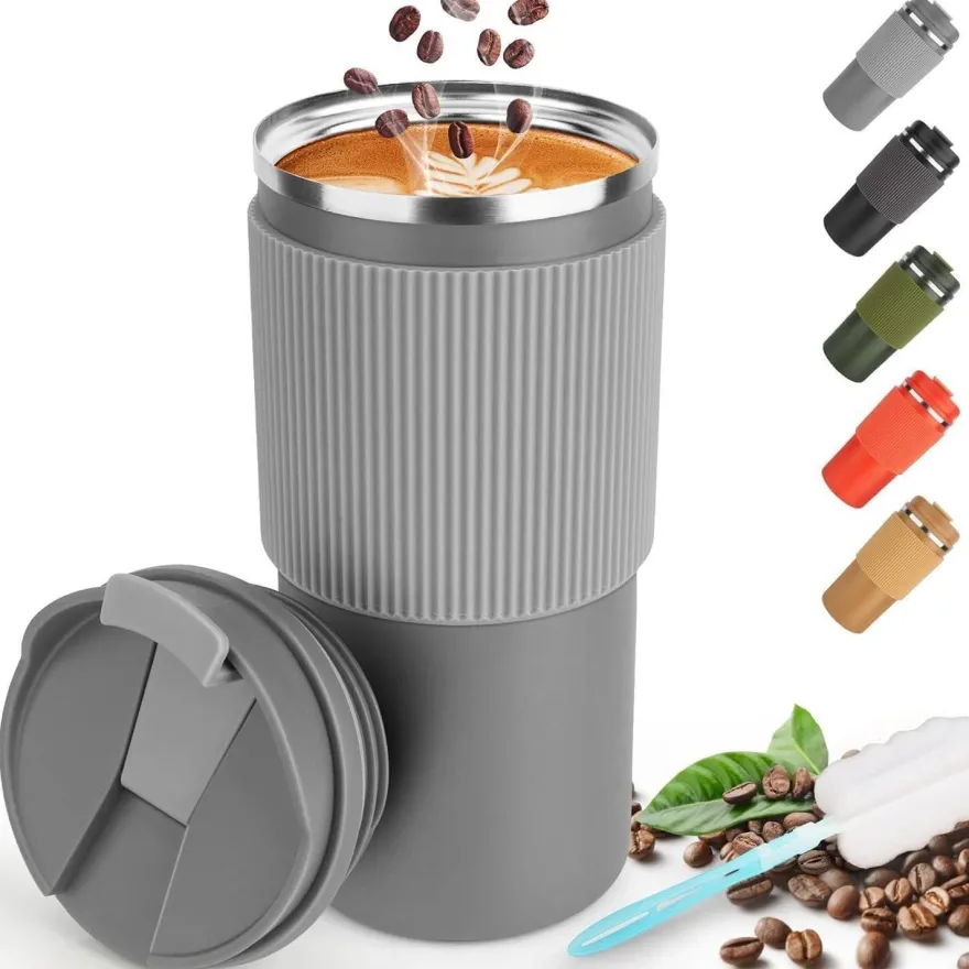 Thermobecher Isolierbecher Kaffeebecher 450ml Reisebecher Deckel Grau