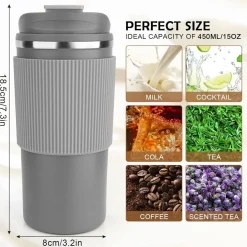 Thermobecher Isolierbecher Kaffeebecher 450ml Reisebecher Deckel Grau