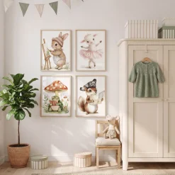Tiere Kinderzimmer Süß Aquarell Hase Schaf Schildkröte Eichhörnchen Poster