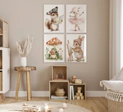 Tiere Kinderzimmer Süß Aquarell Hase Schaf Schildkröte Eichhörnchen Poster