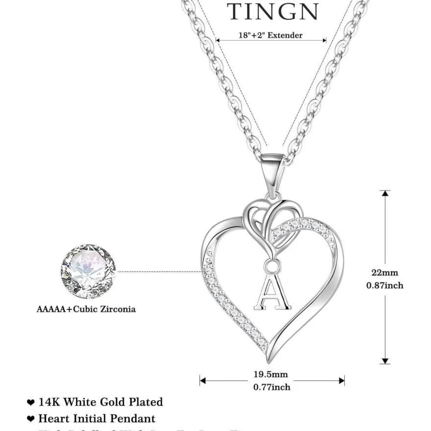 TINGN 14K Gold/Weißgold Herz Anhänger Halskette Zirkonia Buchstaben Kette Silber