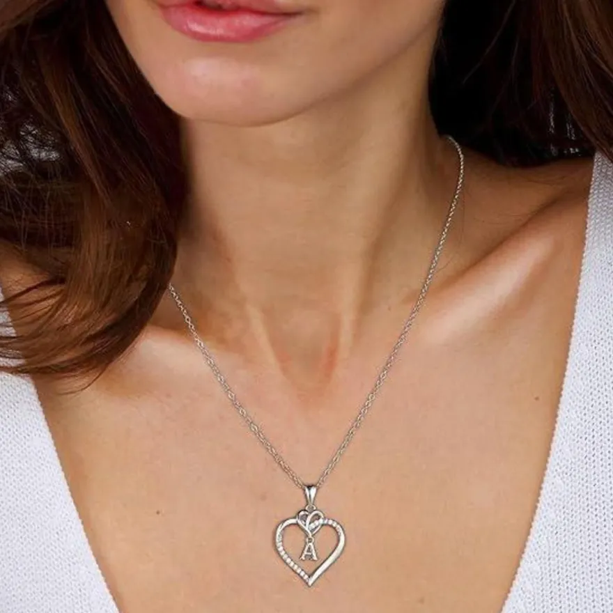 TINGN 14K Gold/Weißgold Herz Anhänger Halskette Zirkonia Buchstaben Kette Silber