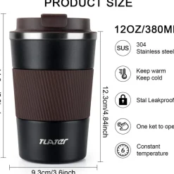 Tlater Kaffebecher to go 380ml Thermobecher Isolierbecher Edelstahl Travel Mug