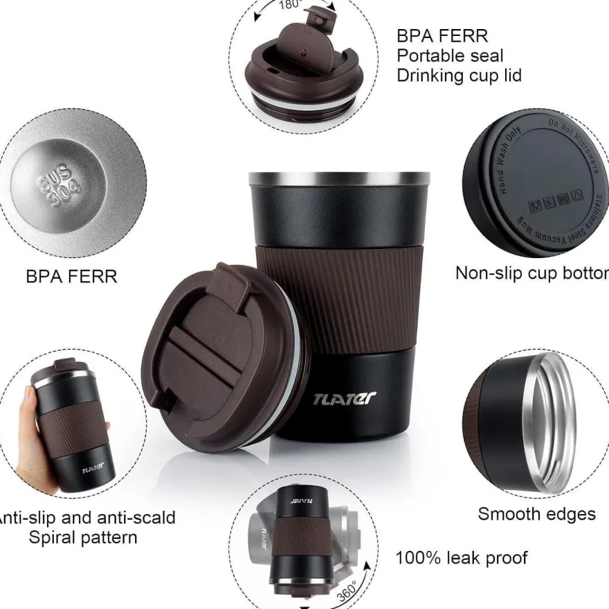 Tlater Kaffebecher to go 380ml Thermobecher Isolierbecher Edelstahl Travel Mug