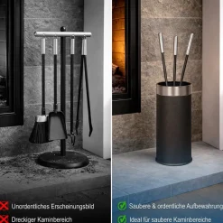4-tlg. Kamingarnitur Anthrazit mit Edelstahl - modernes Ofenbesteck Kaminbesteck