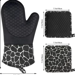 Topfhandschuhe Set Silikon/Baumwolle hitzebeständig 1 Paar+2 Topflappen Schwarz