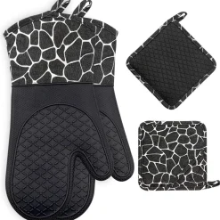 Topfhandschuhe Set Silikon/Baumwolle hitzebeständig 1 Paar+2 Topflappen Schwarz
