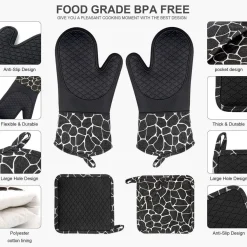Topfhandschuhe Set Silikon/Baumwolle hitzebeständig 1 Paar+2 Topflappen Schwarz
