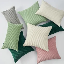 Topfinel Kissenbezug 45x45 cm 2er Set Dunkelgrün Kordsamt Gestreift