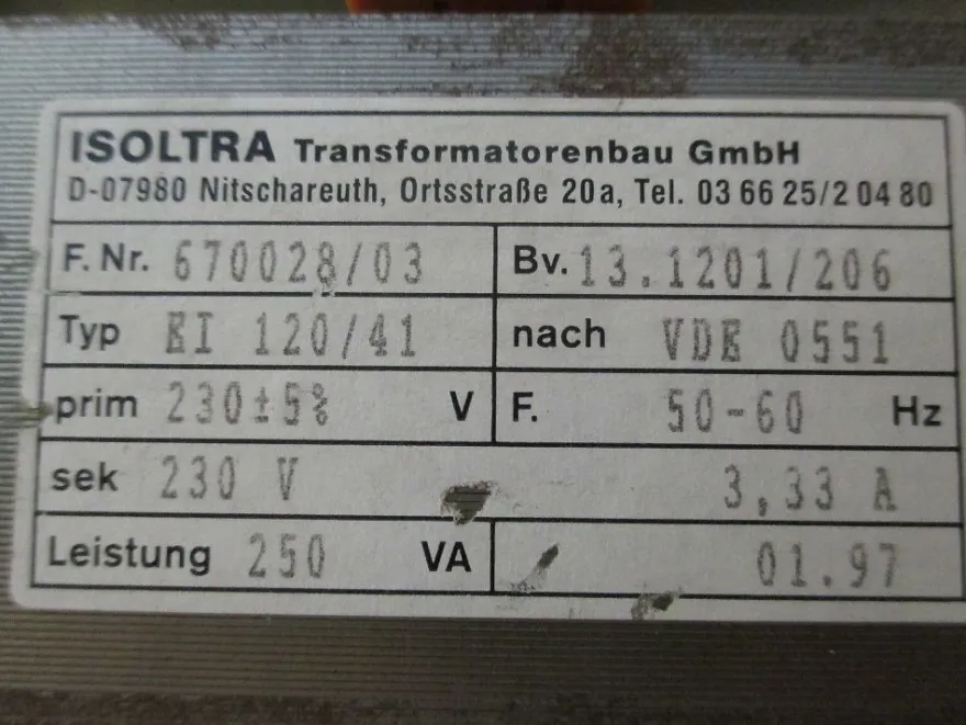 Transformator EI 120 / 41 Trafo pri. 230V + / - 5% sek. 230V 250 VA T8/109
